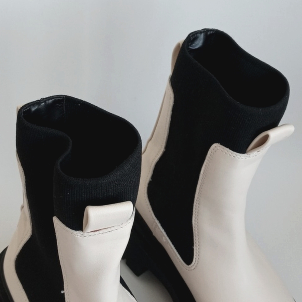 Mango Women's Cream with Black Ankle Sock Platform Boots 7.5 (38) ThickLug Soles - Picture 5 of 16